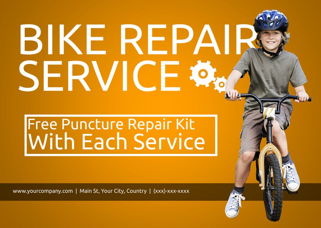 Bicycle Repair Service Advertisement with Smiling Child and Bike
