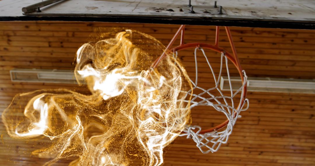 Dynamic Fire Swirl Engulfing Basketball Hoop in Gymnasium