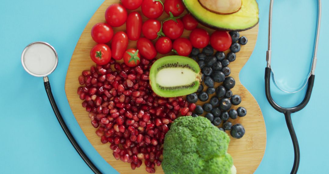 Healthy Heart Fruits and Vegetables on Wooden Board with Stethoscope - Free Images, Stock Photos and Pictures on Pikwizard.com