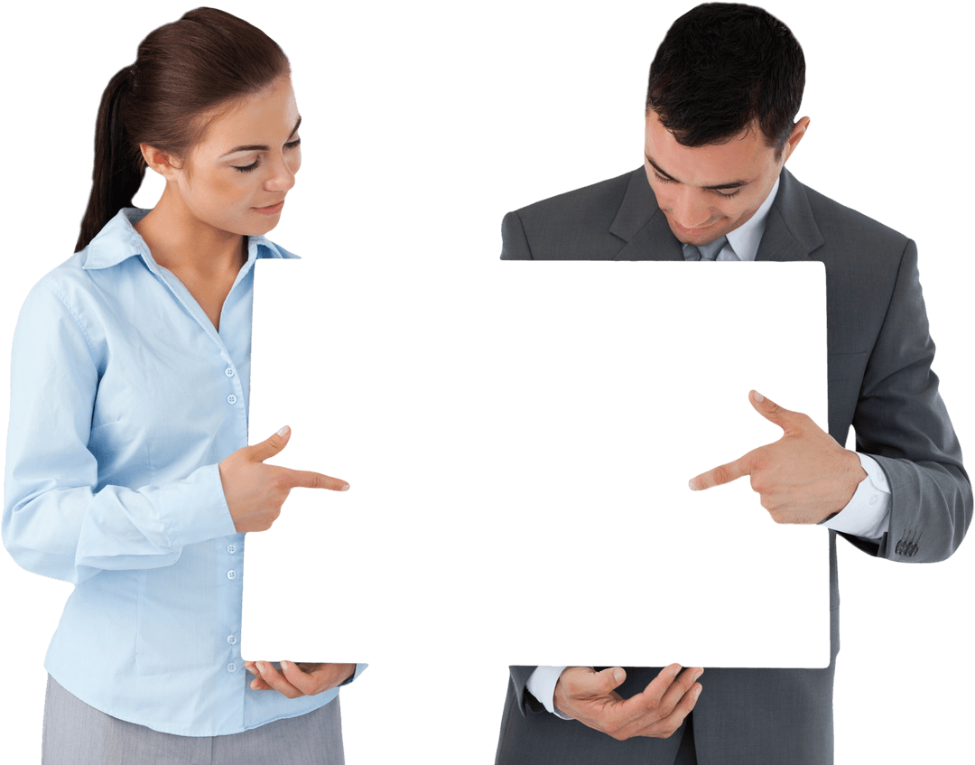 Business Partners Displaying Blank Black Transparent Board on Isolated Background