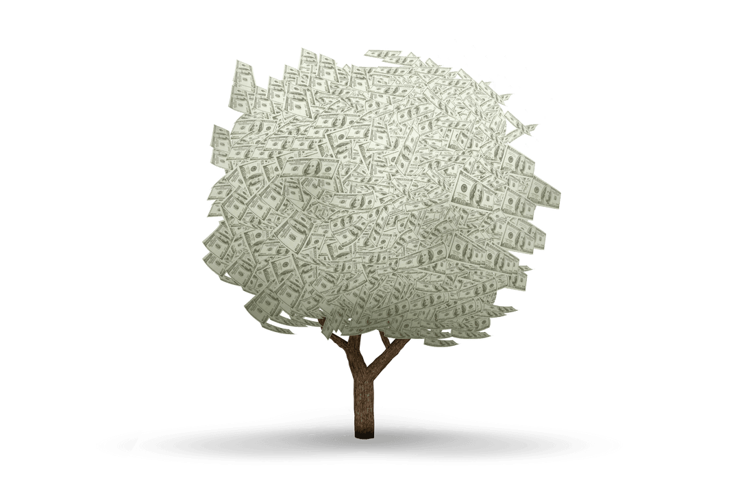 Transparent Currency Tree with Lush Dollar Bill Foliage