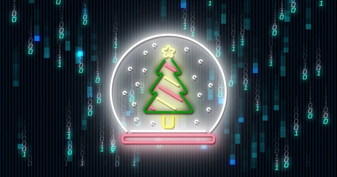 Neon Cyber Snow Globe Featuring Christmas Tree and Binary Code Matrix Backdrop