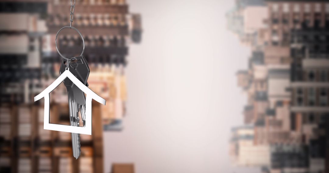 Keys on House-Shaped Keychain Over Cityscape Background