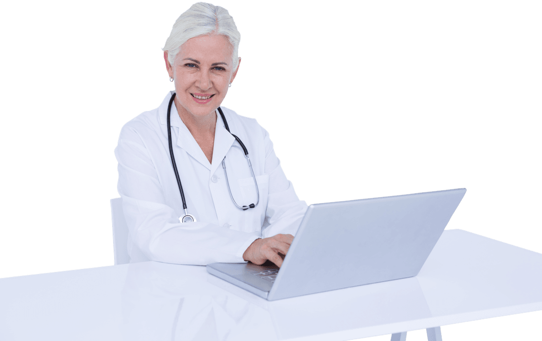 Transparent Background Smiling Female Doctor with Laptop
