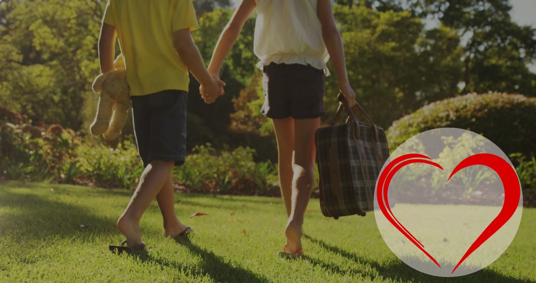 Caucasian Children Holding Hands in Park with Heart Icon