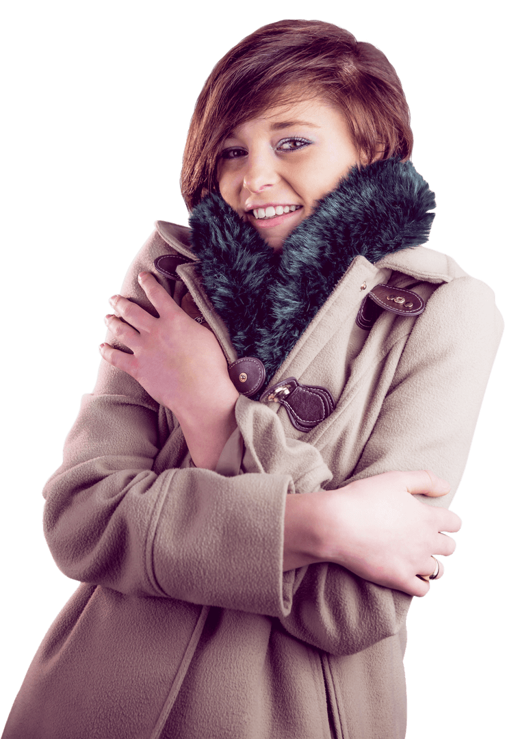 Smiling Woman in Warm Winter Coat with Crossed Arms Transparent