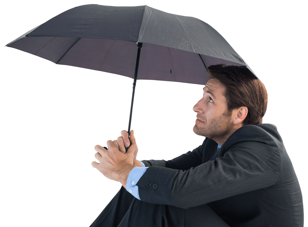 Businessman Sitting with Transparent Umbrella