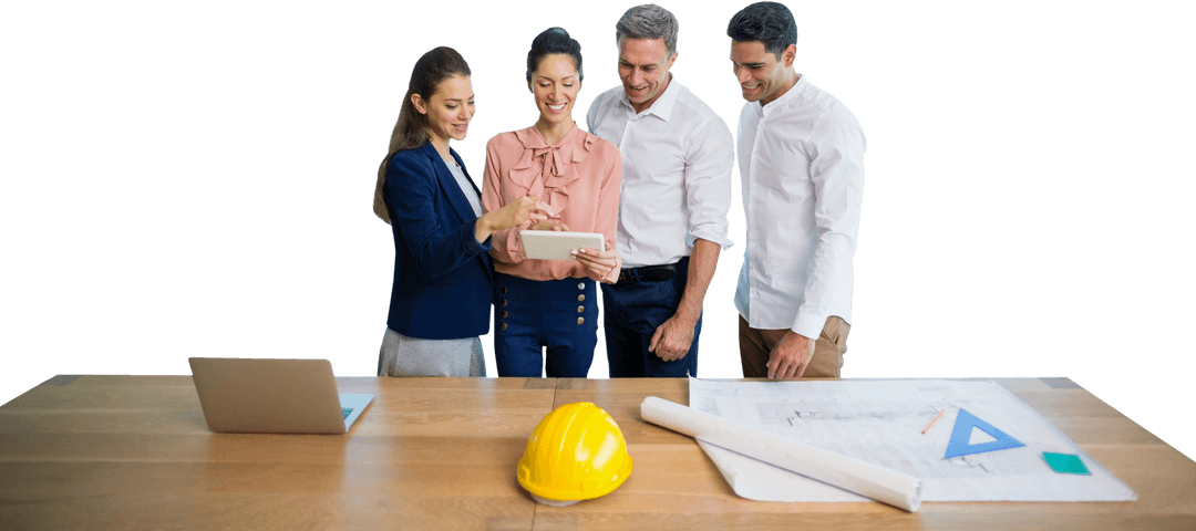 Architects Collaborating in Modern Office with Digital Plans, Transparent Background