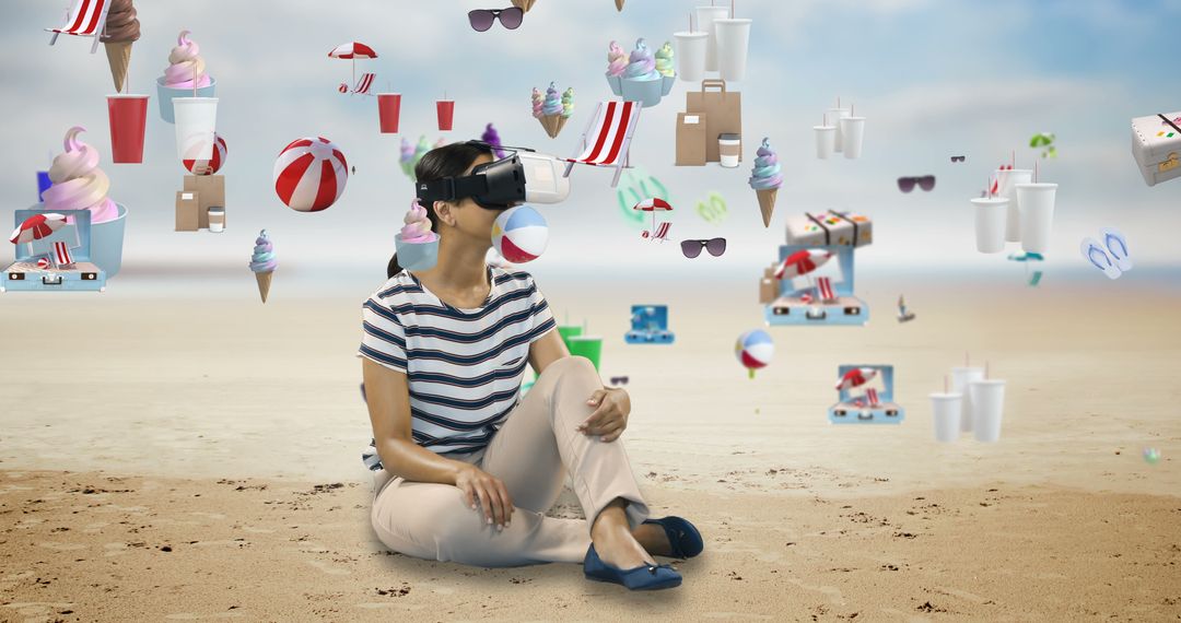 Woman Enjoying Virtual Reality on Beach with Summertime Icons - Free Images, Stock Photos and Pictures on Pikwizard.com