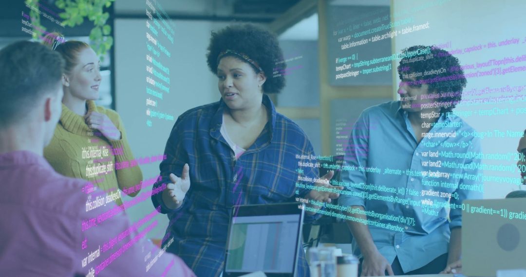 Team Collaboration in Modern Office with Digital Overlay of Coding