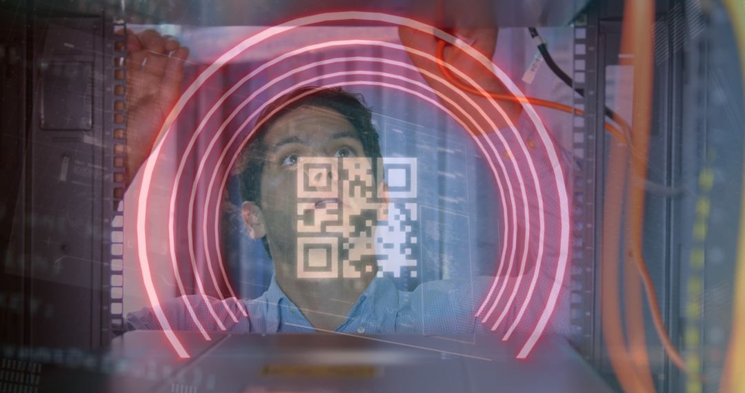 Man Overlooking QR Code and Servers for Data Security Analysis
