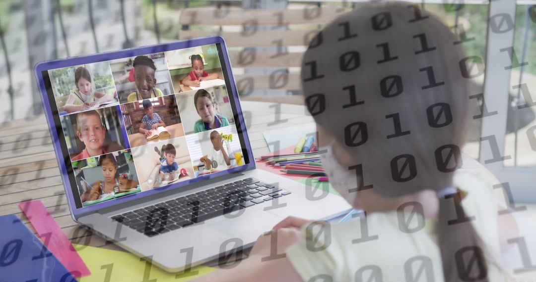 Schoolgirl Attends Virtual Class with Binary Code Overlay