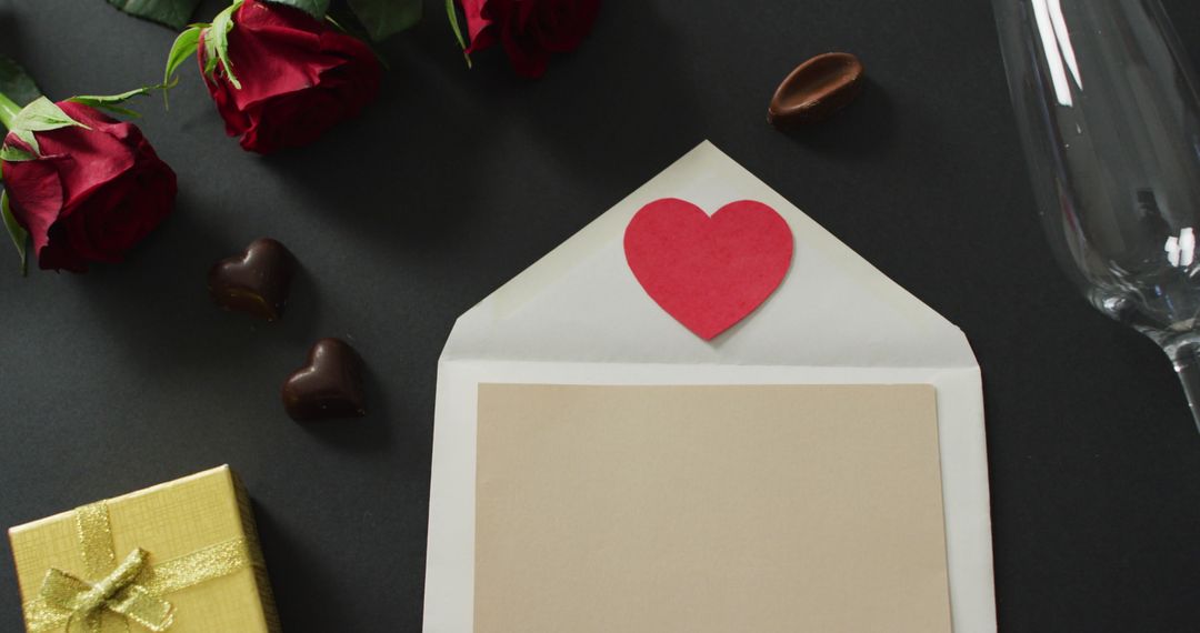 Valentine's Day Card with Roses, Chocolates, and Gift on Dark Background