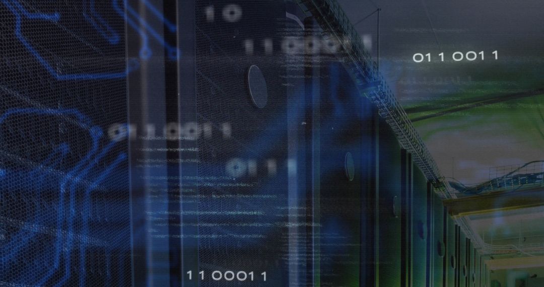 Digital Composite of Data Center with Flowing Binary Code