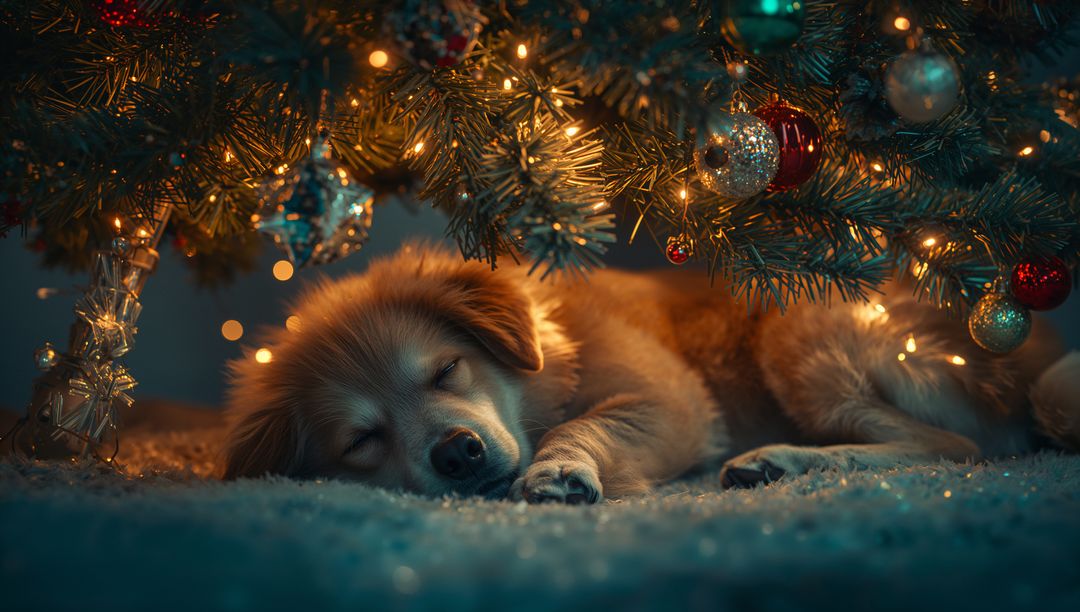 Adorable Puppy Sleeping Cozy Under Christmas Tree