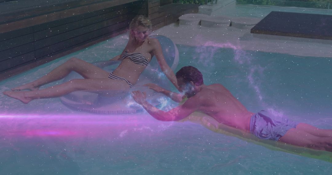 Couple Relaxing in Backyard Pool Under Starry Overlay Effect