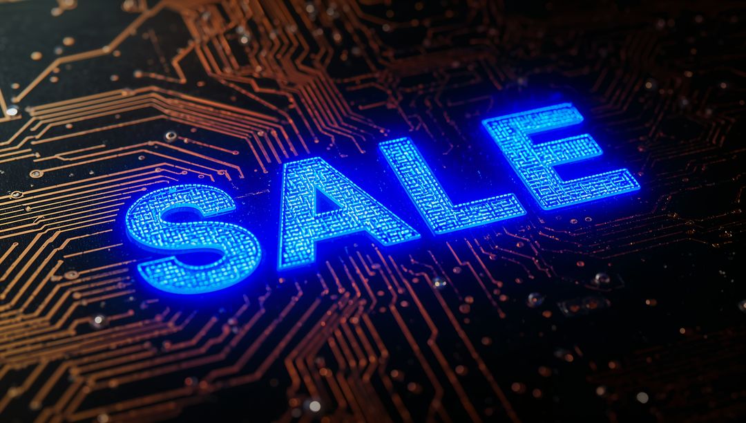 Glowing SALE lettering illuminating circuit board with pixel LED effect and copper traces