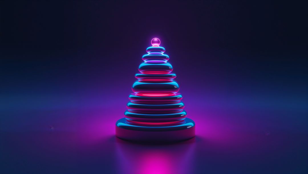 Neon Futuristic Cone Sculpture with Stacked Glossy Rings and Cyan Magenta Glow
