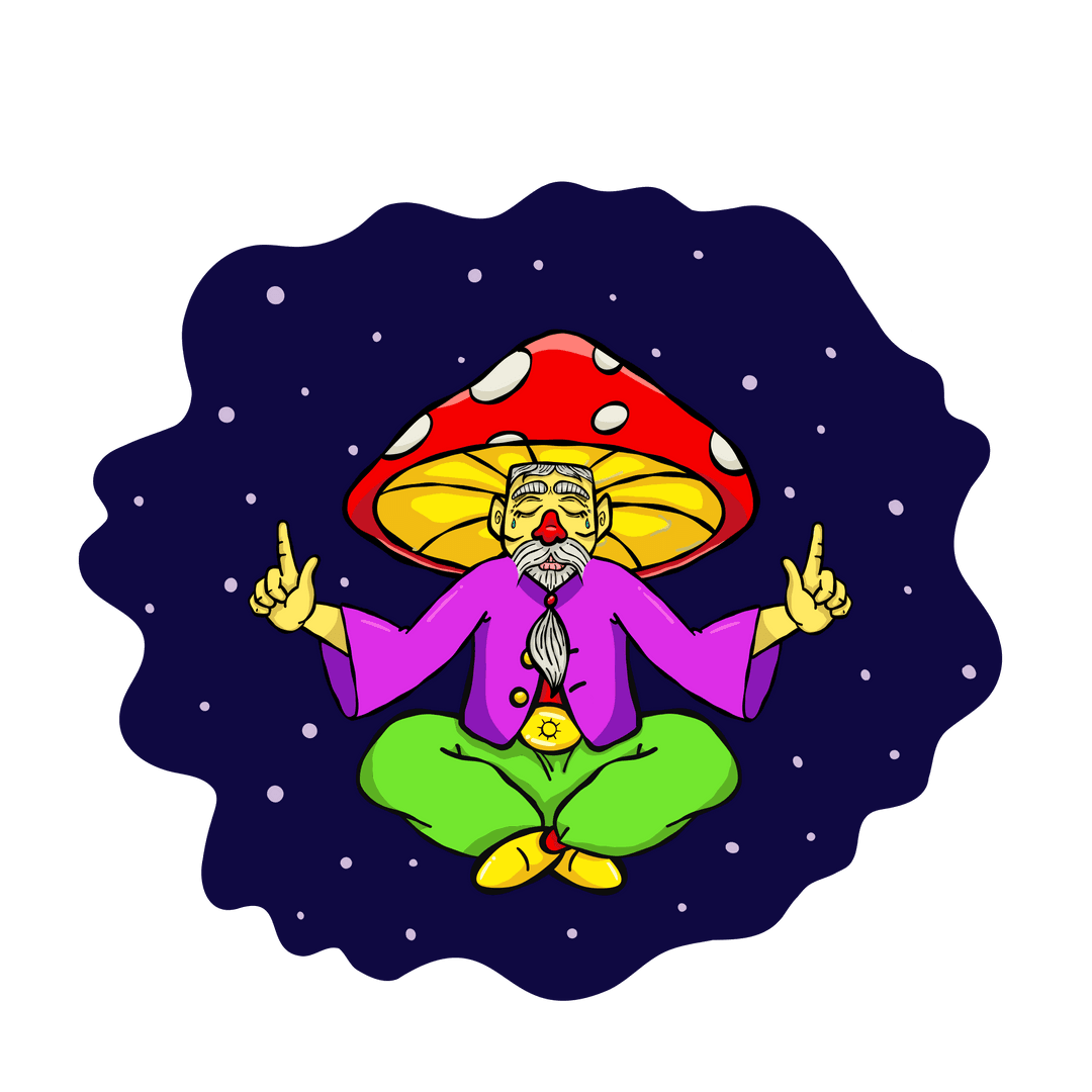 Bearded Guru Floating in Mushroom Hat Surreal Transparent Background