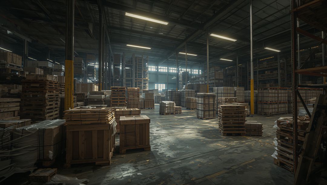 High-bay warehouse with stacked wooden crates and pallet racking bathed in natural light