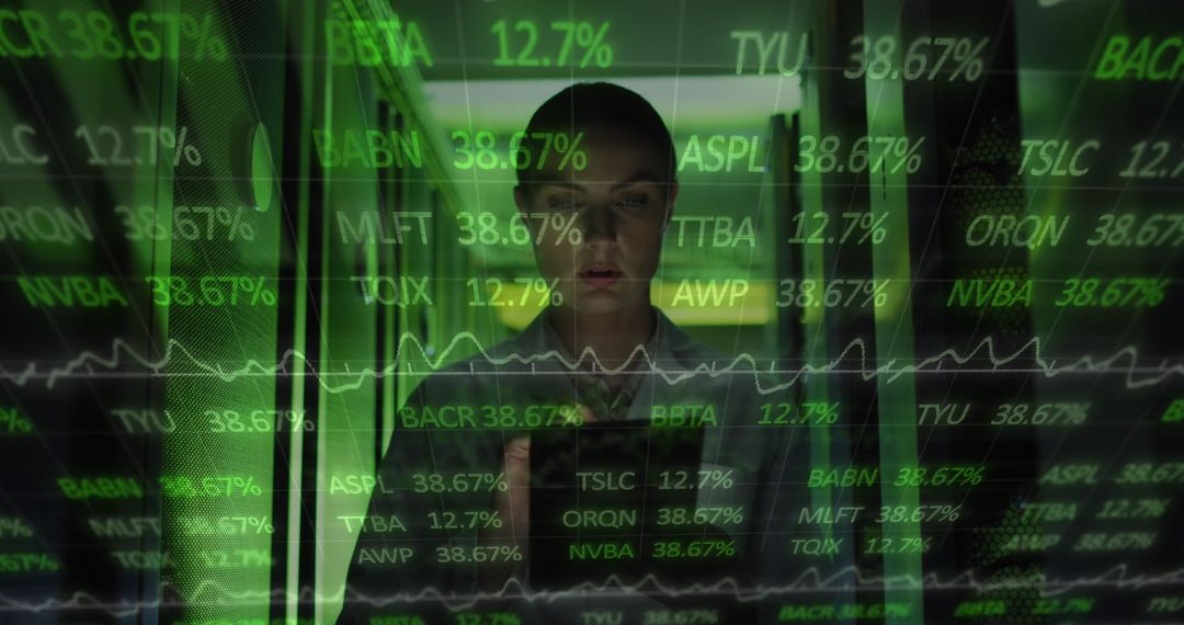 IT Engineer Analyzing Data on Digital Interface in Server Room