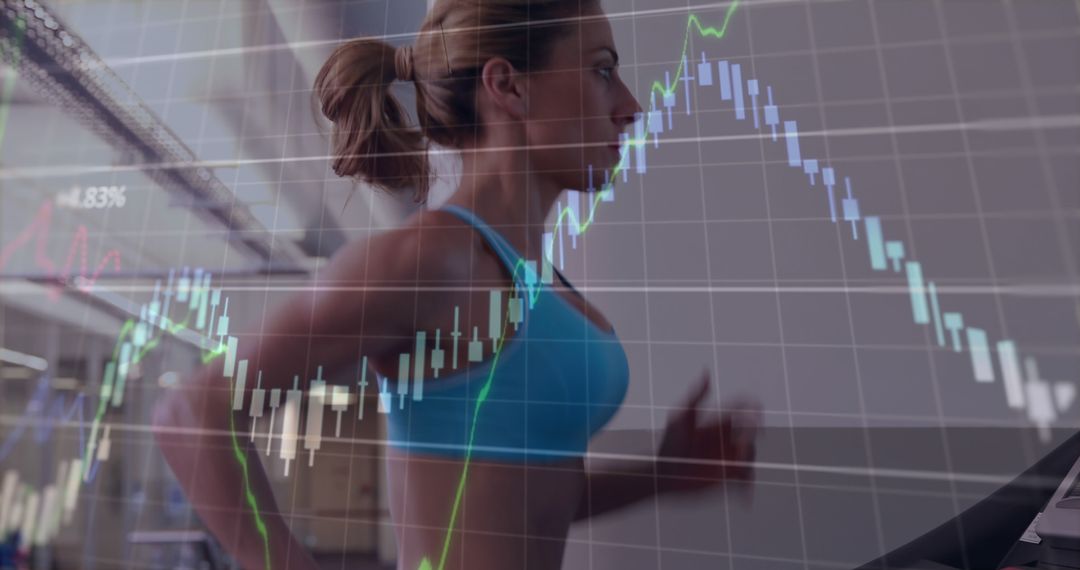 Image of financial data over Caucasian woman running on treadmill in the background - Free Images, Stock Photos and Pictures on Pikwizard.com
