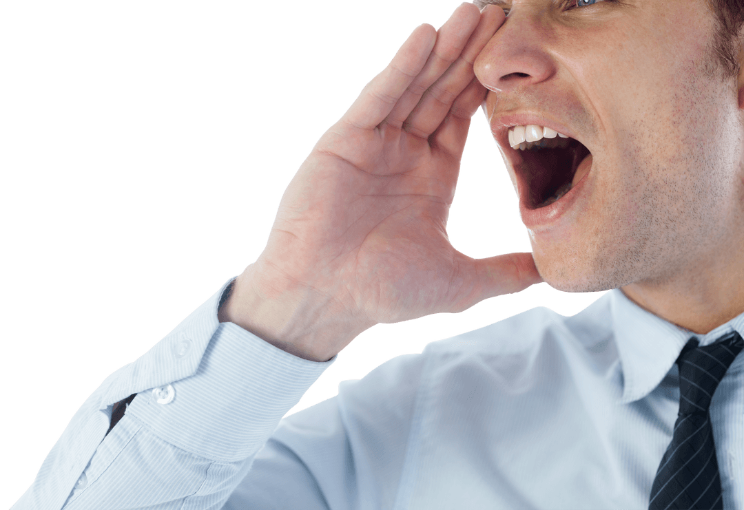 Caucasian Businessman Shouting with Hand Cupped on Face Transparent