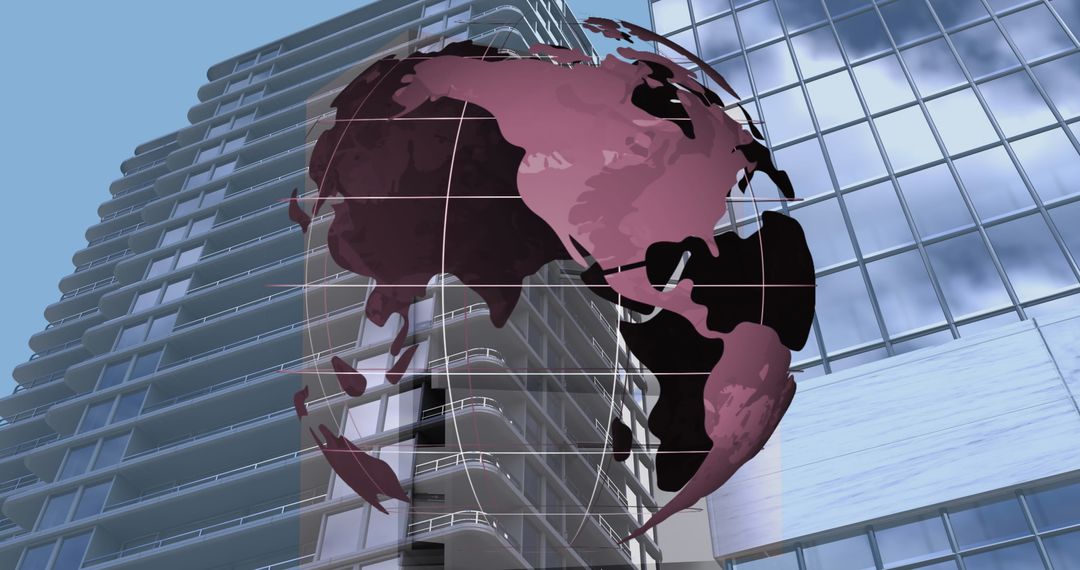 Digital Globe Overlay on Urban Skyscrapers Symbolizing Global Business Connections