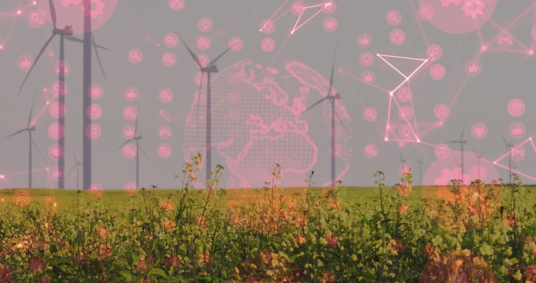 Wind Turbines With Digital Overlay Indicating Sustainable Technology