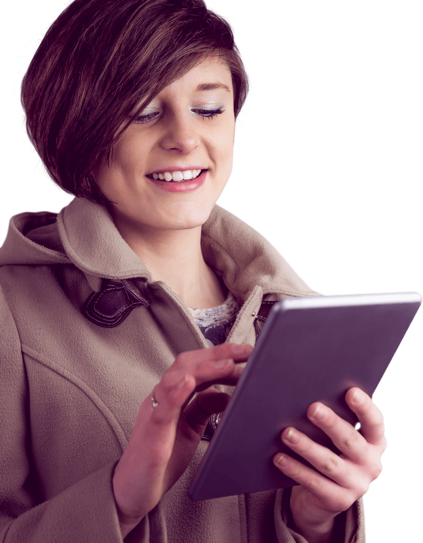 Smiling Woman Wearing Coat Using Tablet with Transparent Background