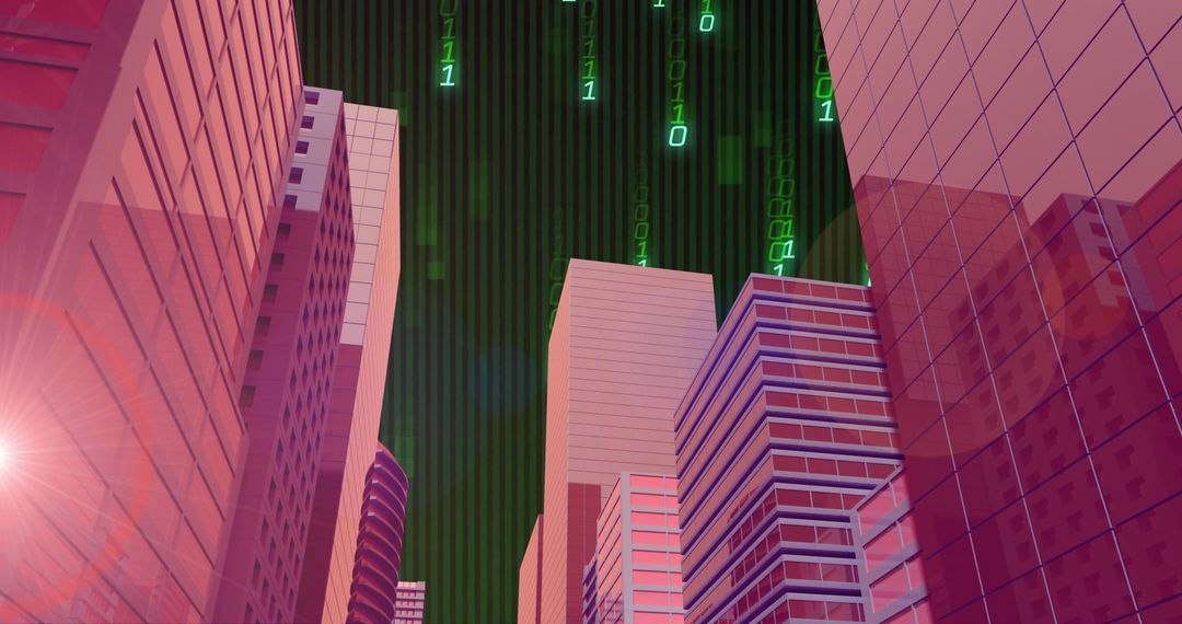Futuristic Binary Code Overlaying Urban Skyscrapers