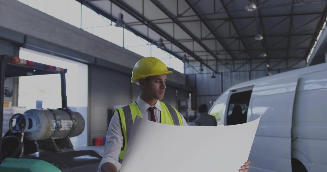 Engineer Inspecting Blueprints in Industrial Workshop Setting