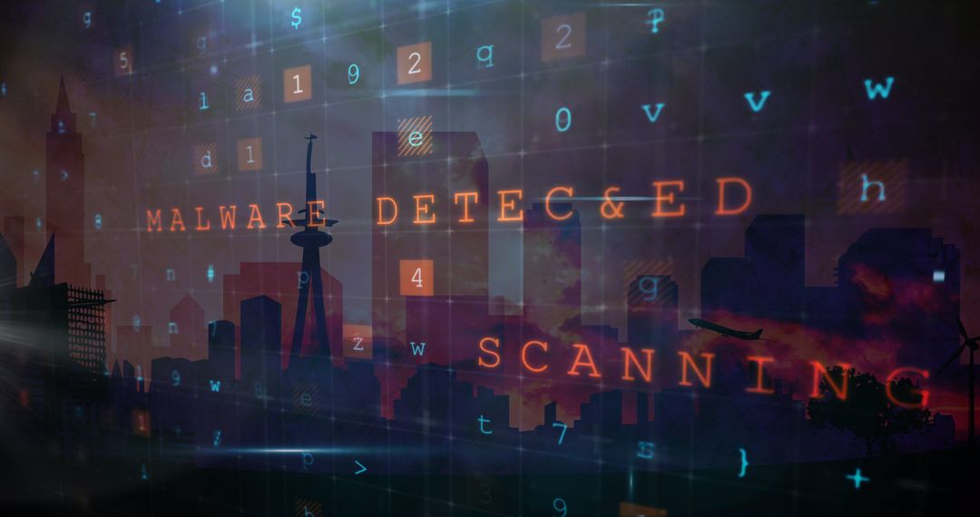 Digital Malware Alert Over Cityscape Silhouette
