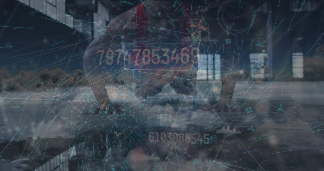 Digital Data Overlay on Athlete Doing Push Ups in Industrial Space