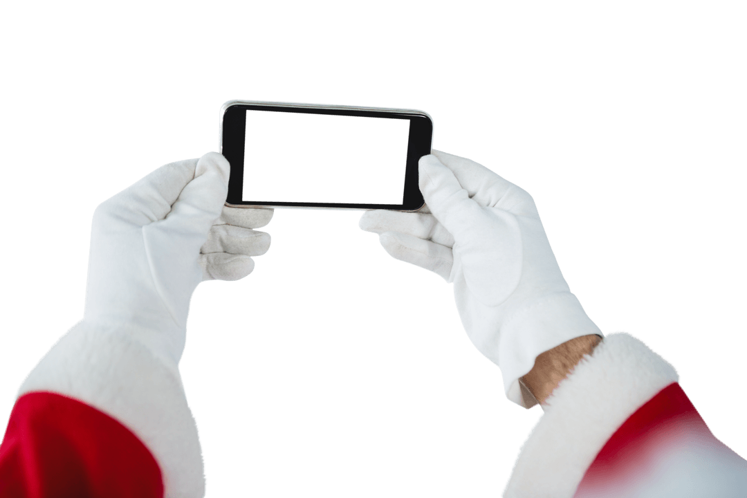 Santa Claus gloves holding smartphone on transparent background