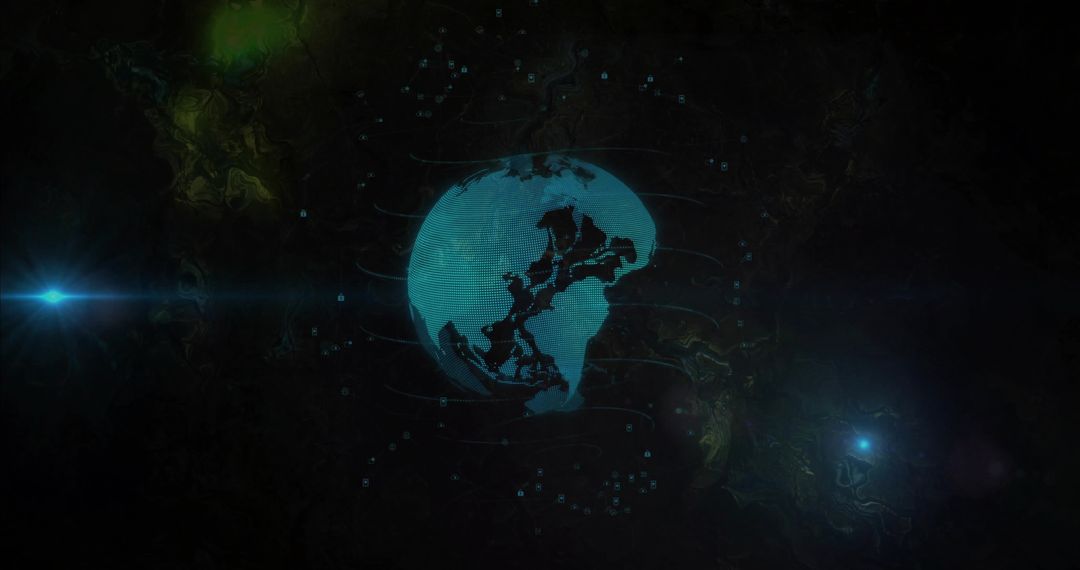 Rotating Neon Holographic Globe with Data Grid and Orbital Trails in Dark Futuristic Void