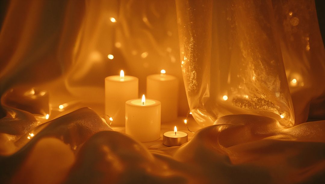 Warm Candlelight Vignette with Pillar Candles and Tealight on Shimmering Satin Drapery