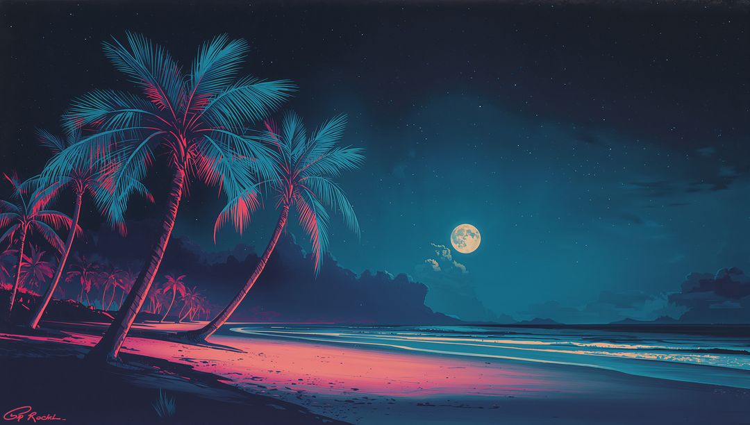Neon Moonlit Tropical Beach Featuring Leaning Palms Casting Colorful Reflections