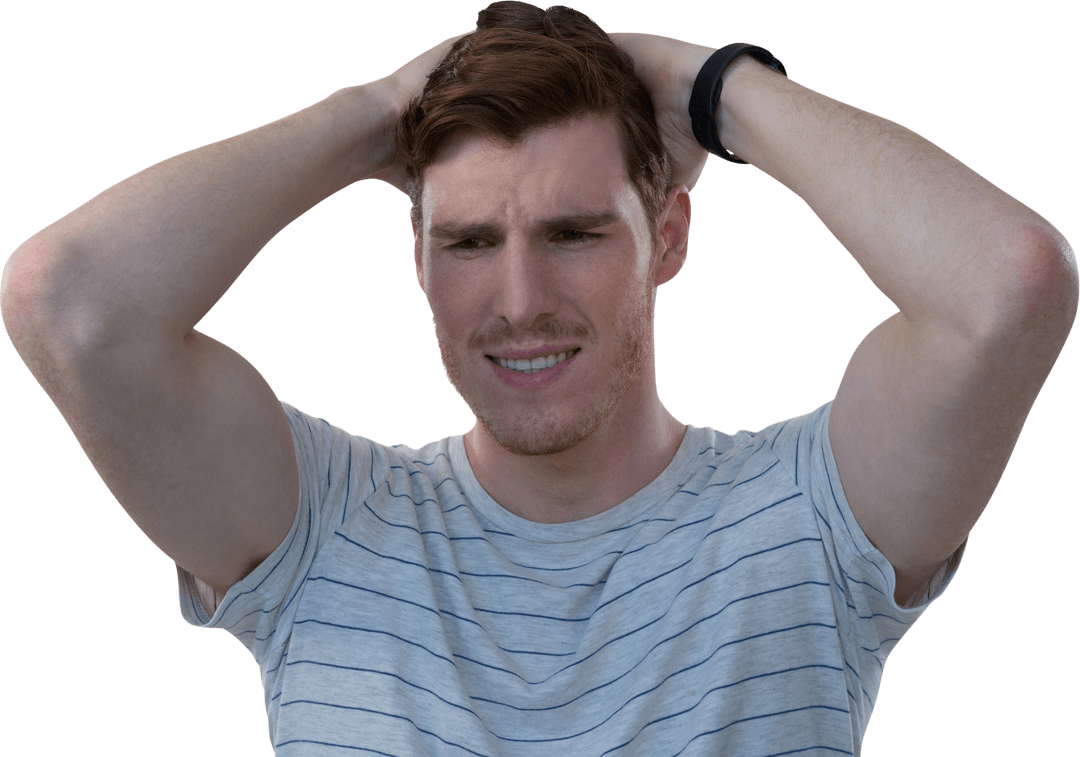 Stressed Caucasian Man with Hands on Head on Transparent Background