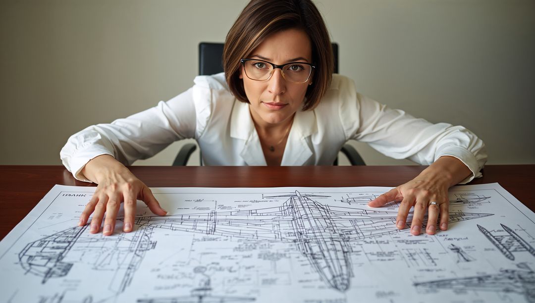 Engineer Studying Airplane Blueprint in Office Workspace