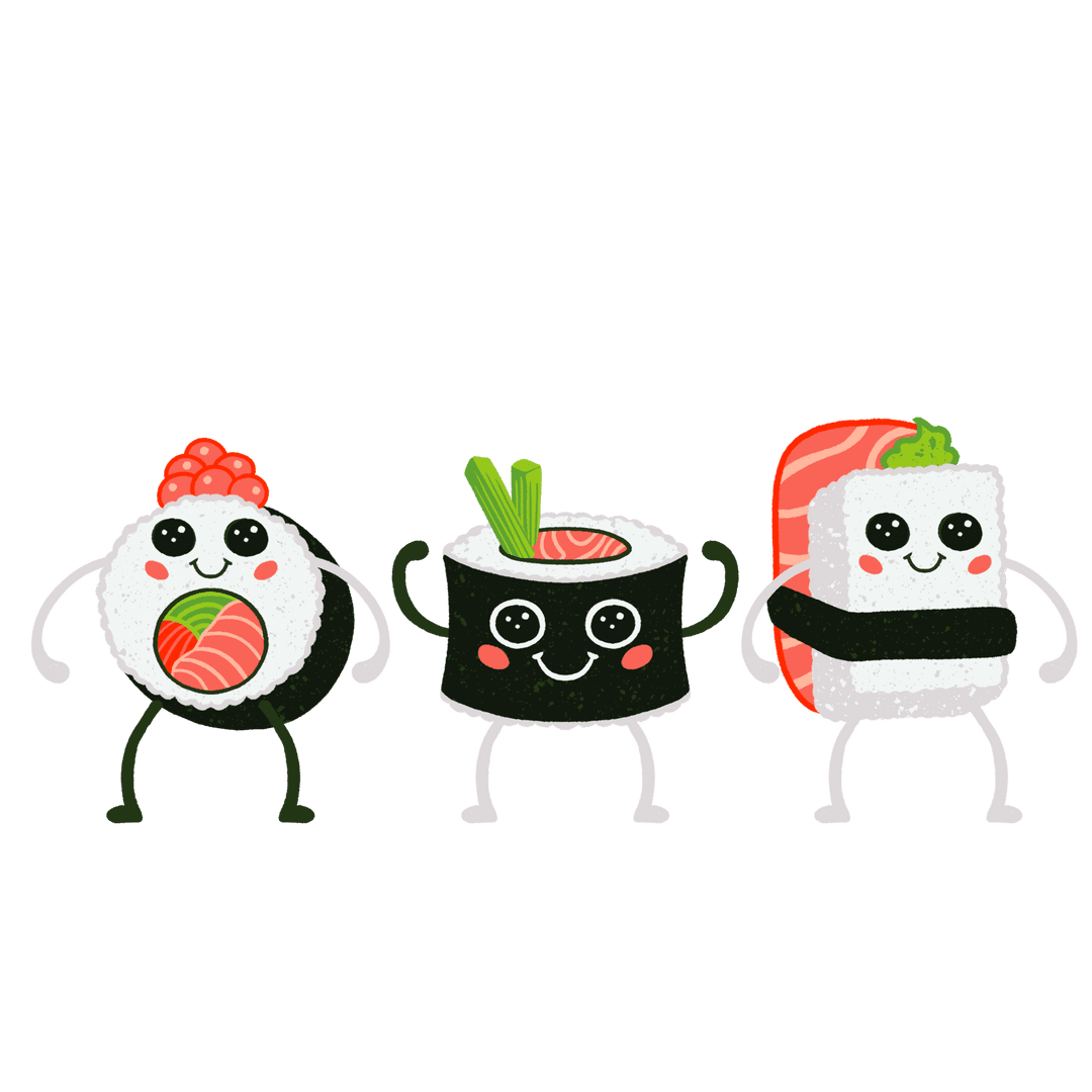 Cute Cartoon Sushi Characters on Transparent Background