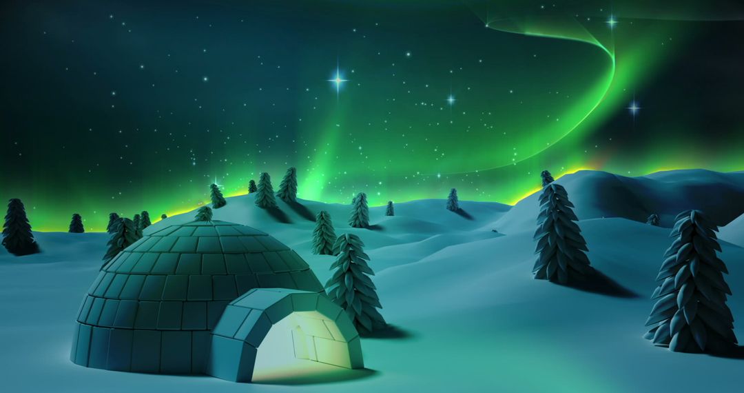 Enchanted Winter Landscape with Igloo and Northern Lights