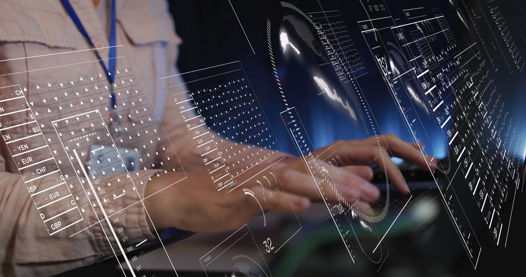 Woman Working on Laptop with Virtual Holographic Interface