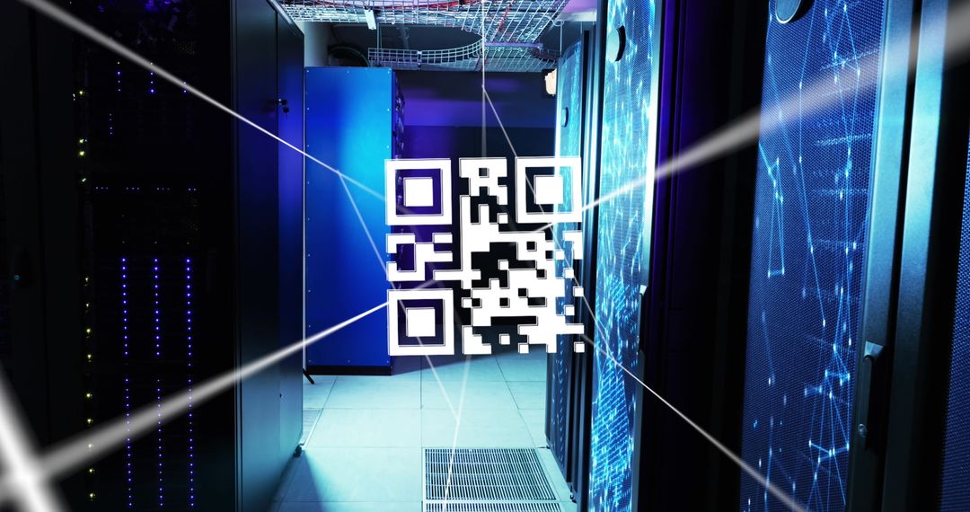 Digital QR Code Overlay on Futuristic Server Room