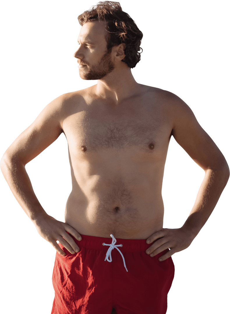 Confident Caucasian Man in Red Shorts Looking Sideways on Transparent Background