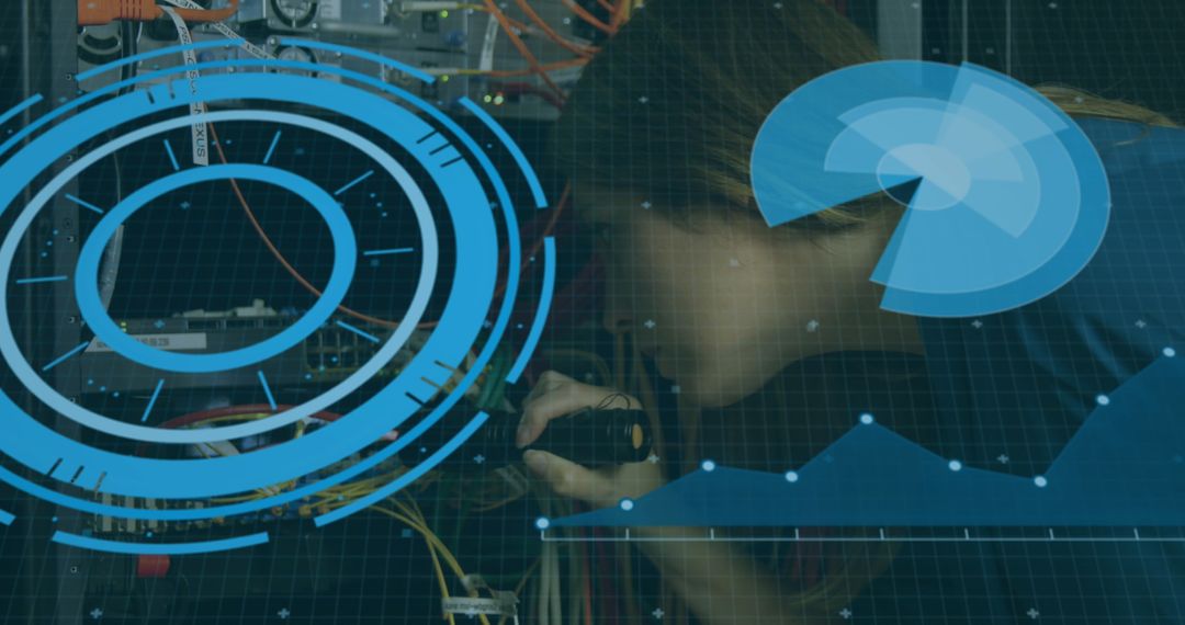 Technician Analyzing Network Cables with Digital Interface Overlay