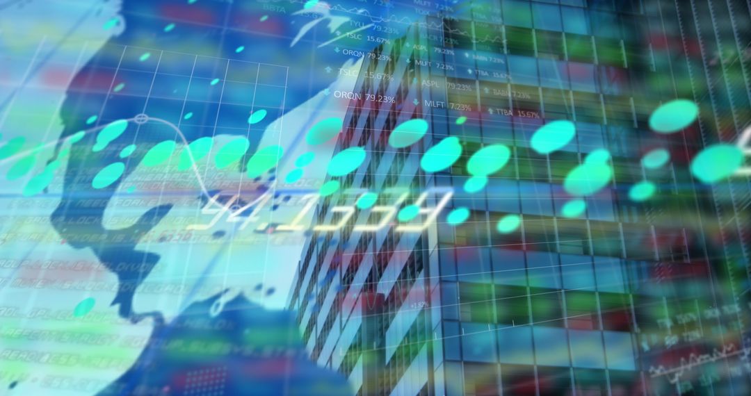 Global Financial Data Overlay on Urban Buildings and World Map