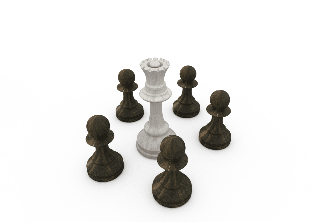 White Queen Surrounded by Black Pawns Transparent Chess Pieces