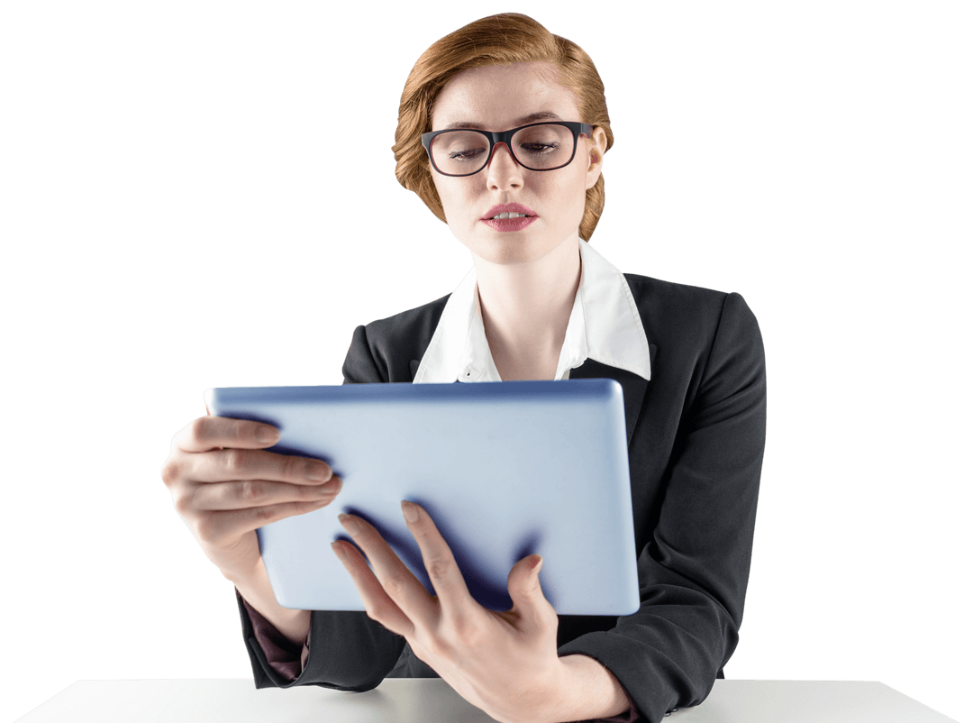 Transparent Businesswoman Engaging with Tablet Tech Workflow