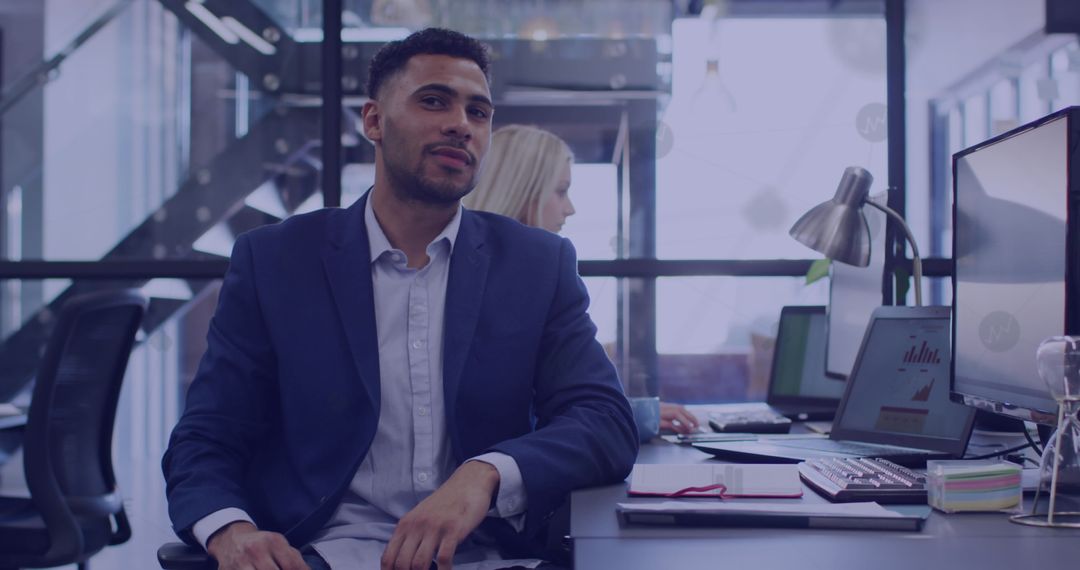 Focused Business Man in Stylish Office with Networking Graphics